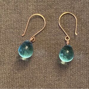 Teardrop Blue Glass Earrings in Gold Tone